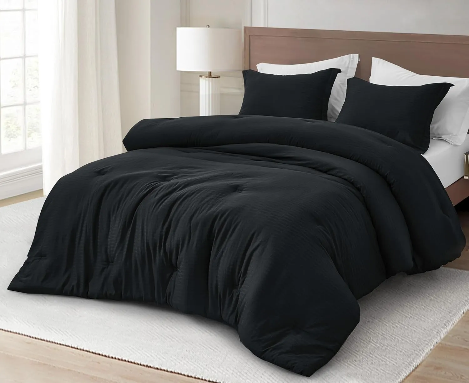 Chezmoi Collection Calvin 3-Piece Jacquard Comforter Set Full Size, Black Textured Woven Lightweight Comforter Bedding for All Season (1 Comforter 86x86 inches, 2 Shams)