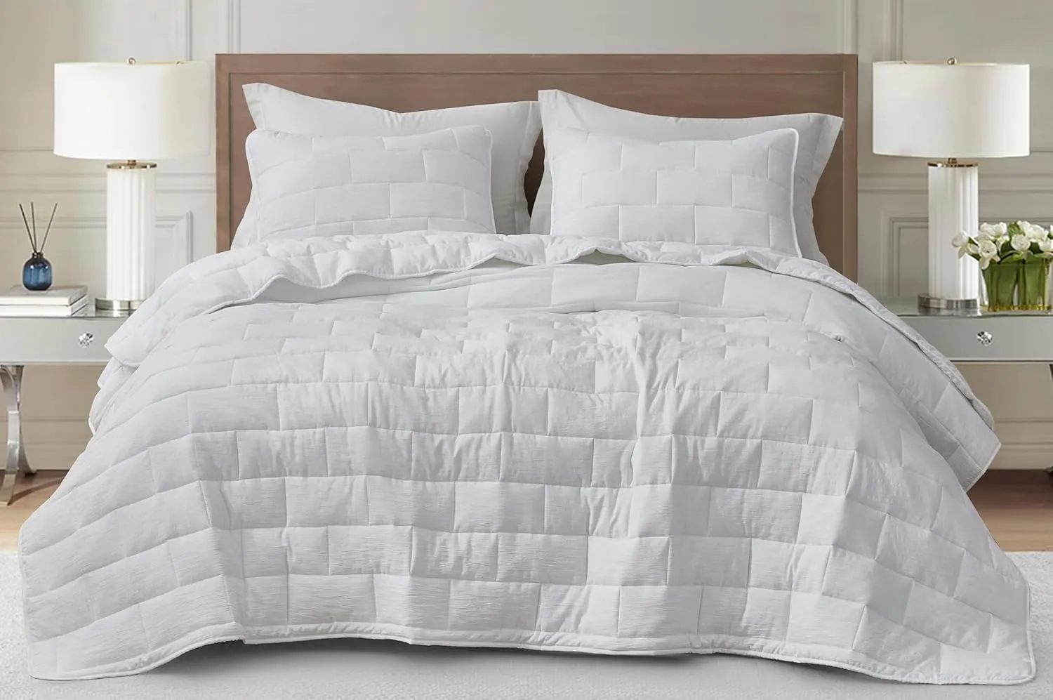 Chezmoi Collection George 3-Piece Jacquard Quilt Set King Size, White Textured Woven Lightweight Rectangle Quilted Bedspread for All Seasons (1 Quilt 108x96 inches, 2 Shams)