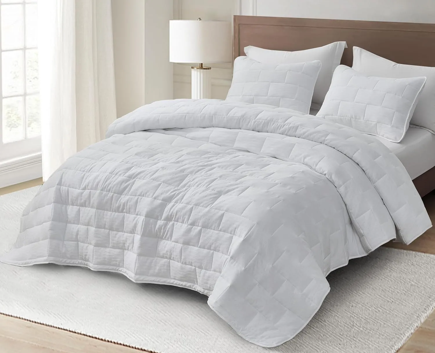 Chezmoi Collection George 3-Piece Jacquard Quilt Set King Size, White Textured Woven Lightweight Rectangle Quilted Bedspread for All Seasons (1 Quilt 108x96 inches, 2 Shams)