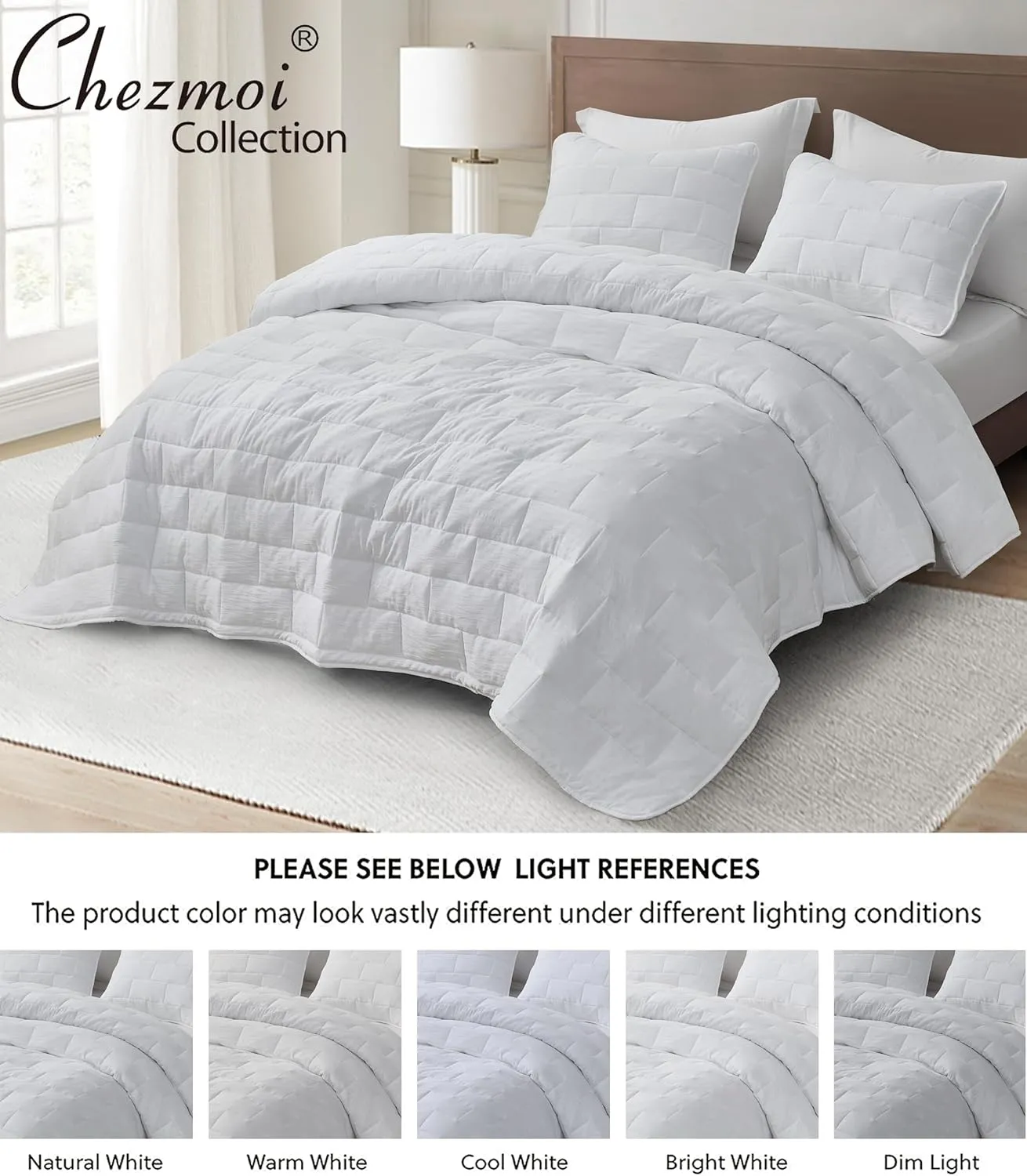 Chezmoi Collection George 3-Piece Jacquard Quilt Set King Size, White Textured Woven Lightweight Rectangle Quilted Bedspread for All Seasons (1 Quilt 108x96 inches, 2 Shams)