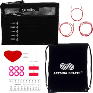 ChiaoGoo Twist Red Lace 4-Inch Mini 7400-M Interchangeable Circular Needle Set, Sizes US 000, 00, 0, 1, 1.5 with 3 Cords, Connectors, Stitch Markers, Stoppers with Project Bag