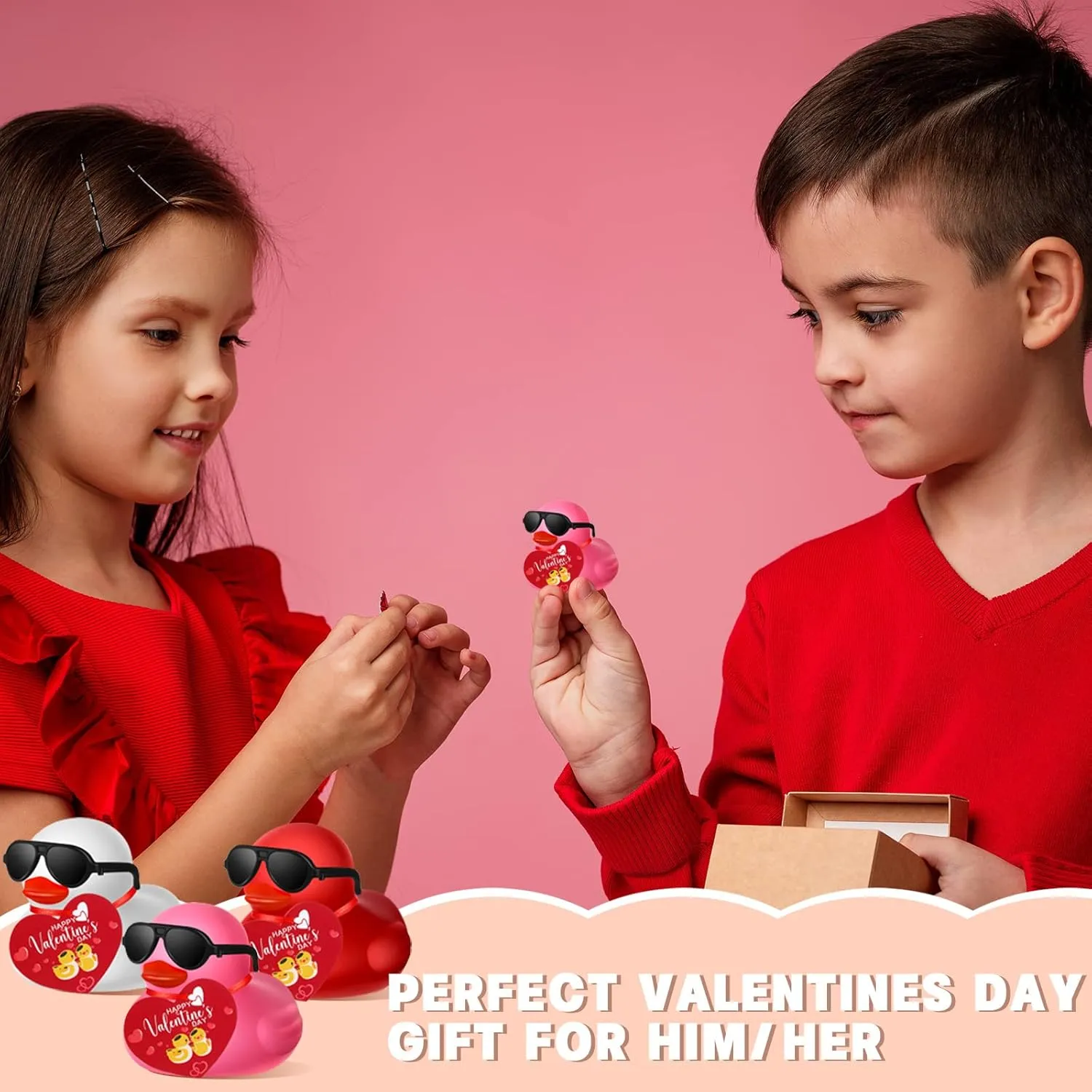 Chivao 24 Pcs Valentine Rubber Ducks with 24 Sunglasses and 24 Heart Gift Card Rubber Ducky Bath Toy Heart Ducks for Birthday Party Favors Decorations Goodie Bag Fillers