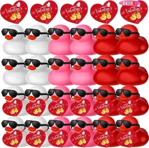 Chivao 24 Pcs Valentine Rubber Ducks with 24 Sunglasses and 24 Heart Gift Card Rubber Ducky Bath Toy Heart Ducks for Birthday Party Favors Decorations Goodie Bag Fillers