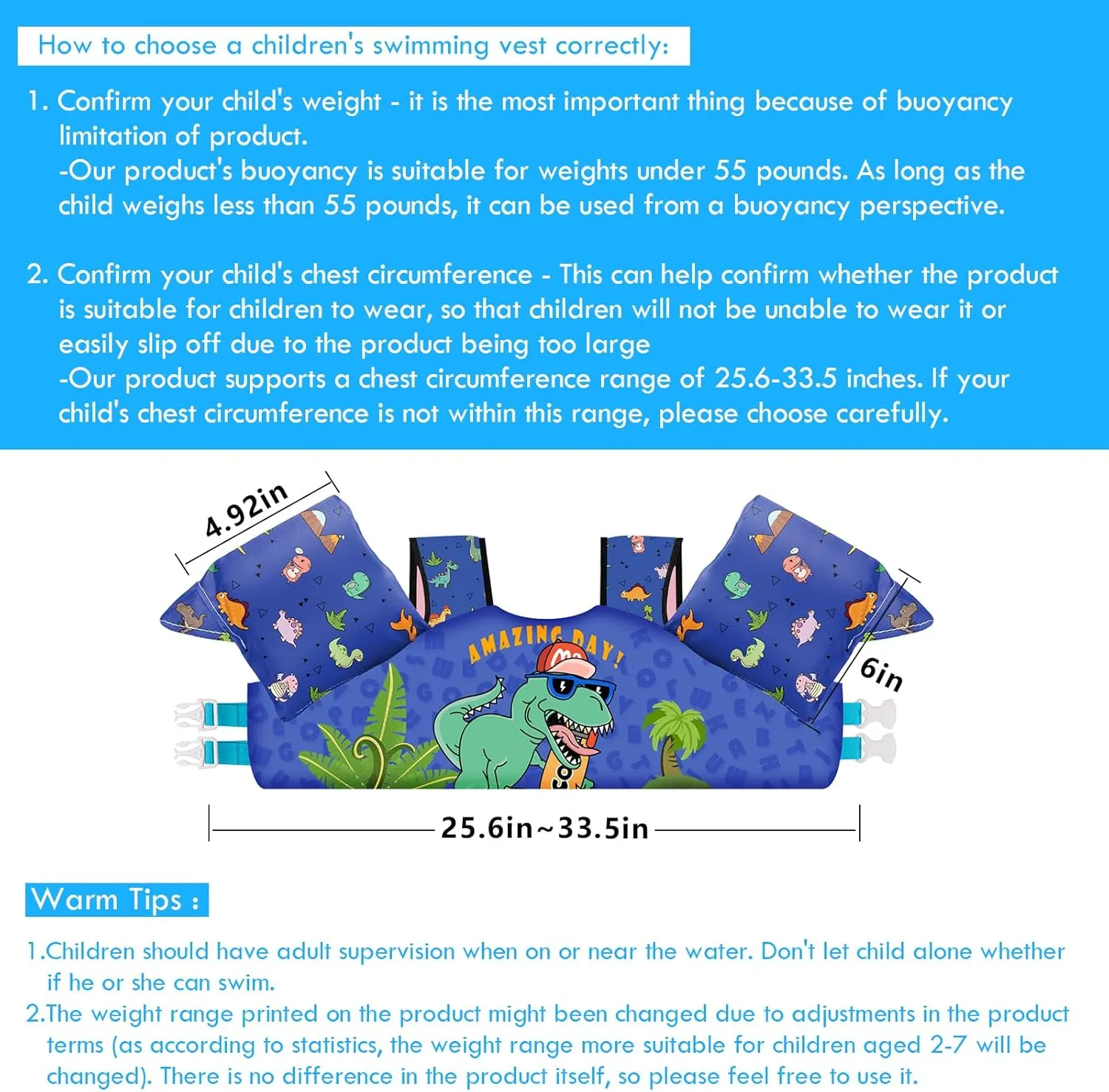 Chriffer Kids Swim Vest Life Jacket for 30-55 Pounds Boys and Girls, Toddler Floaties with Shoulder Harness Arm Wings for 2,3,4,5,6,7 Years Old Baby