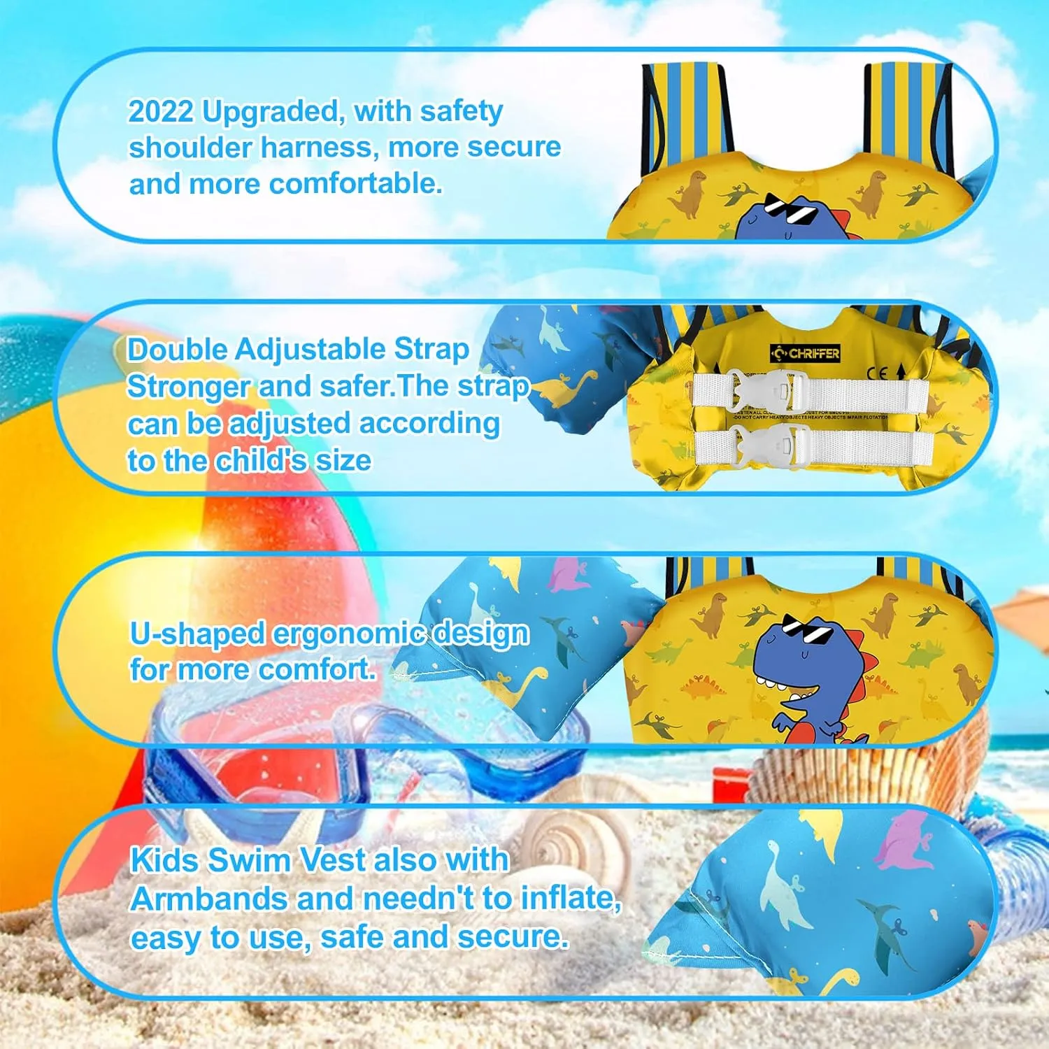 Chriffer Kids Swim Vest Life Jacket for 30-55 Pounds Boys and Girls, Toddler Floaties with Shoulder Harness Arm Wings for 2,3,4,5,6,7 Years Old Baby