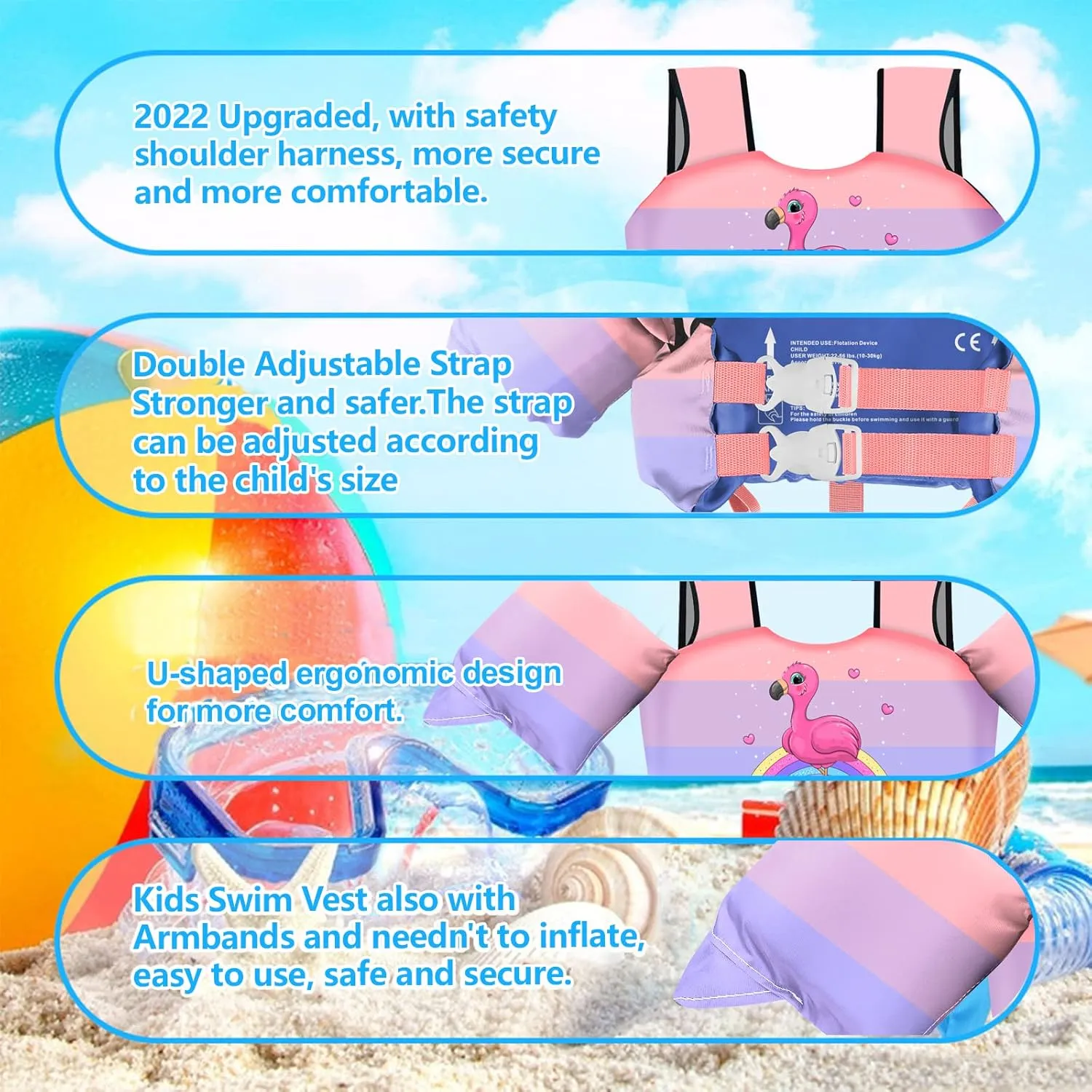 Chriffer Kids Swim Vest Life Jacket for 30-55 Pounds Boys and Girls, Toddler Floaties with Shoulder Harness Arm Wings for 3,4,5,6,7 Years Old Baby