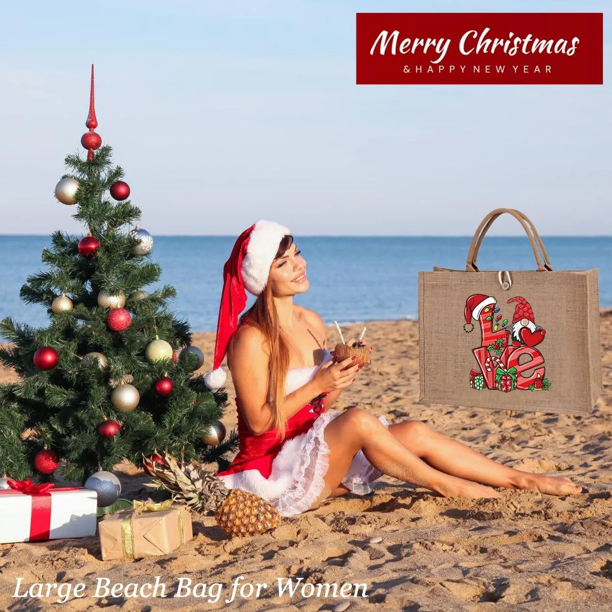 Christmas Gift Bags Reusable Large Weaving Beach Travel Tote Straw Bag for Women