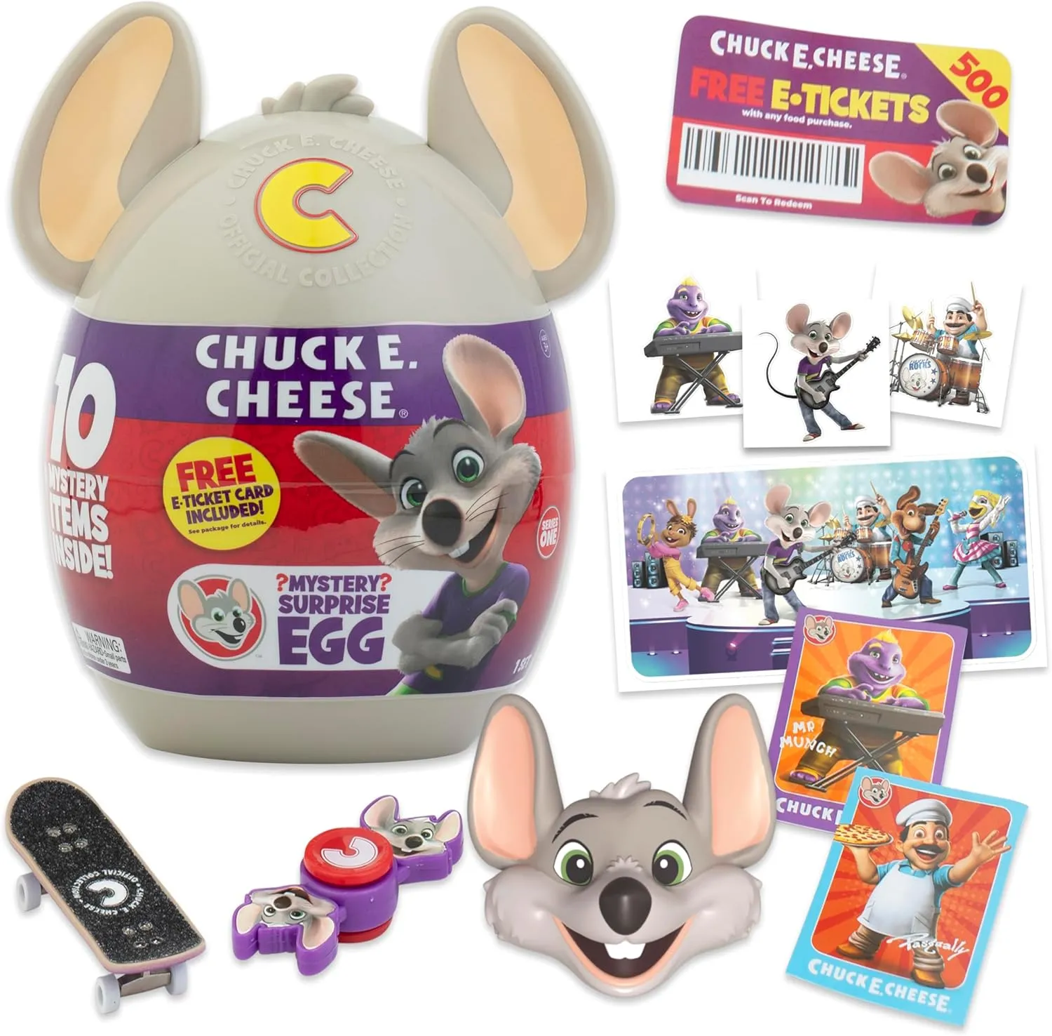 Chuck E. Cheese Mystery Egg, Collectible Figure & Accessories, E Tickets, 10 pc Mystery Suprises, Official Merch