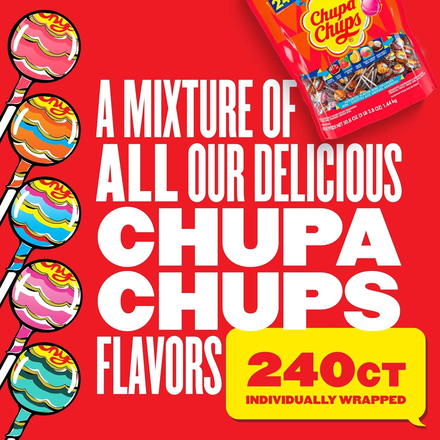 Chupa Chups Mini Lollipop Assortment, 5 Flavors, Individually Wrapped Candy for Kids, 50.8 Oz Bag (240 Suckers)