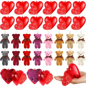 Civaner 48 Pcs Valentine Mini Bear Stuffed Plush Animal Keychain Decoration Heart Box with Valentines Cards for Classroom Exchange Favor Valentine Day Party