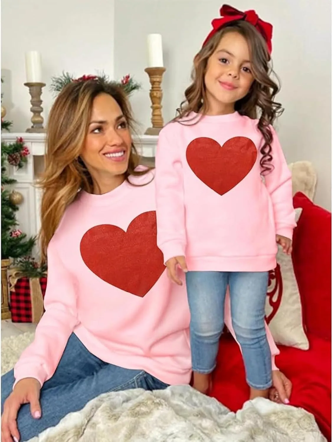 CM C&M WODRO Mommy and Me Valentines Outfits Love Heart Graphic Family Matching Sweatshirt Mom and Daughter Long Sleeve Shirt