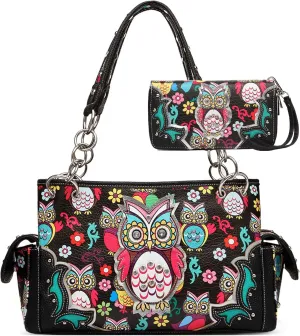 Colorful Owl Western Summer Fashion Purse Concealed Carry Handbags Women Country Shoulder Bag Wallet Set (Black Set)