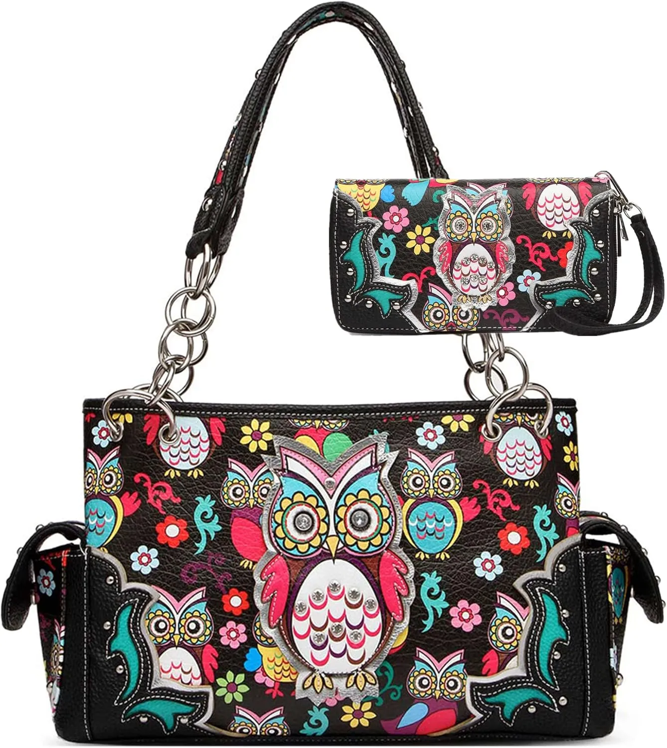 Colorful Owl Western Summer Fashion Purse Concealed Carry Handbags Women Country Shoulder Bag Wallet Set (Black Set)