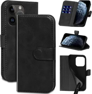 Compatible with iPhone 15 Pro Max Wallet Case with Card Holder, Genuine Leather Flip Folio Cover with Adjustable Kickstand,Magnetic Closure,Shockproof&Anti-Fingerprint, Black