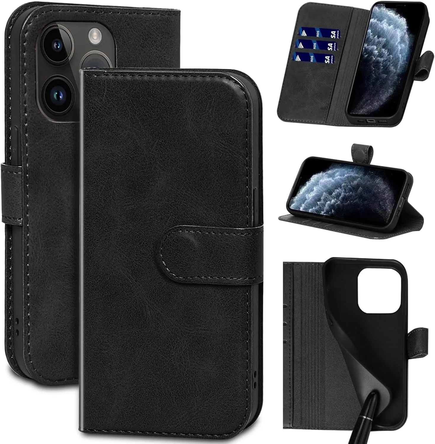Compatible with iPhone 15 Pro Max Wallet Case with Card Holder, Genuine Leather Flip Folio Cover with Adjustable Kickstand,Magnetic Closure,Shockproof&Anti-Fingerprint, Black