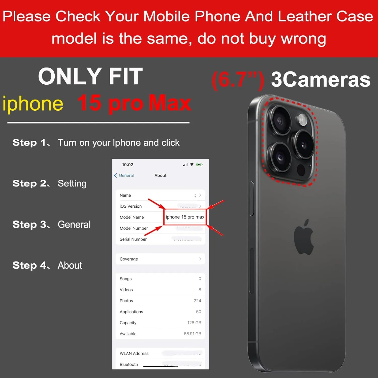 Compatible with iPhone 15 Pro Max Wallet Case with Card Holder, Genuine Leather Flip Folio Cover with Adjustable Kickstand,Magnetic Closure,Shockproof&Anti-Fingerprint, Black