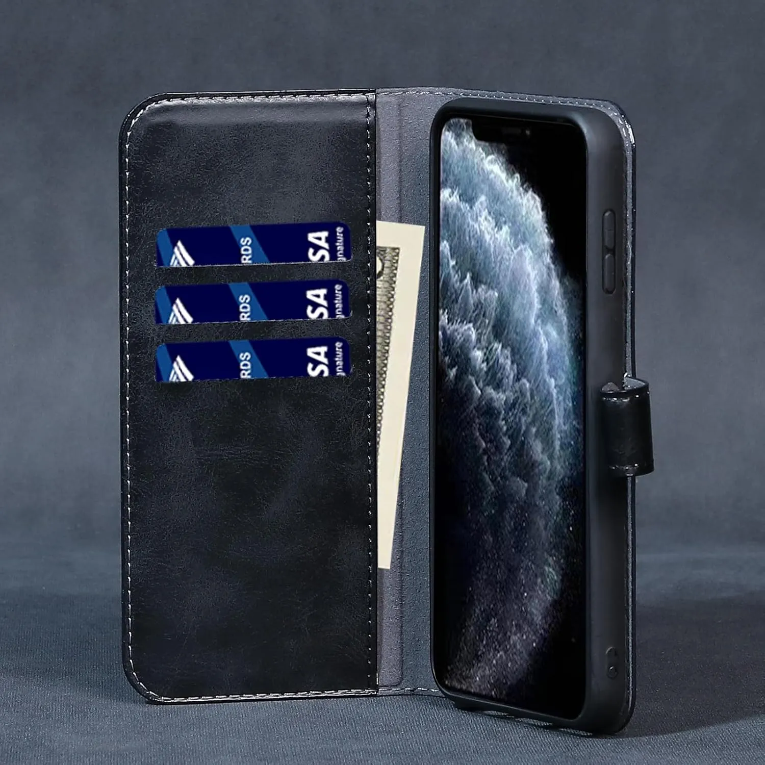 Compatible with iPhone 15 Pro Max Wallet Case with Card Holder, Genuine Leather Flip Folio Cover with Adjustable Kickstand,Magnetic Closure,Shockproof&Anti-Fingerprint, Black