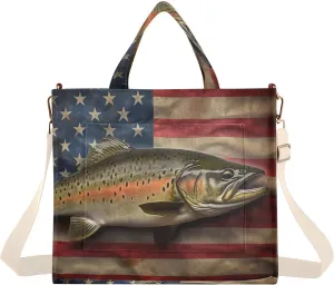 Corduroy Tote Bag American Flag Trout for Women Large Shoulder Bag with Pockets for Beach Work Travel Shopping S