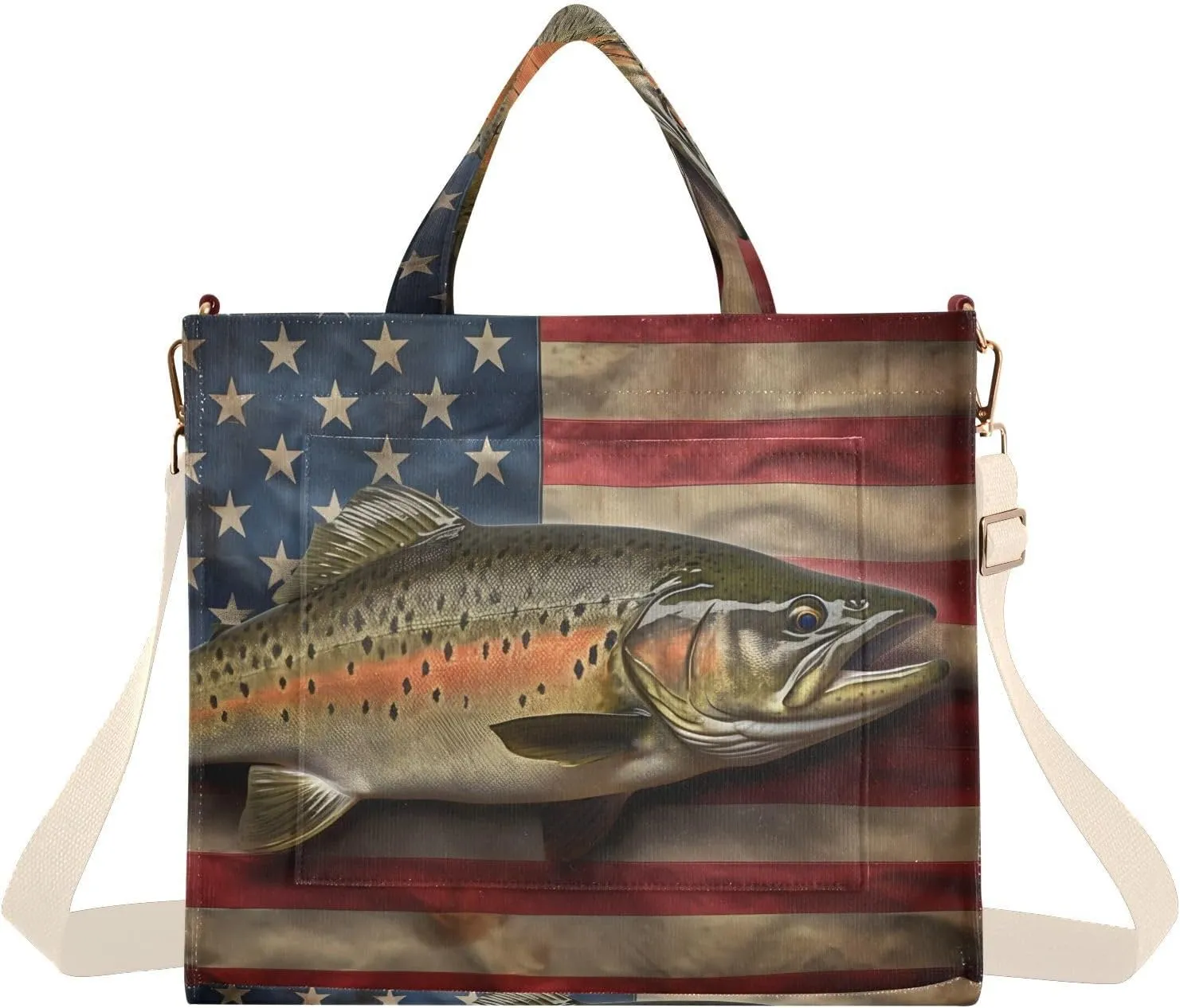 Corduroy Tote Bag American Flag Trout for Women Large Shoulder Bag with Pockets for Beach Work Travel Shopping S