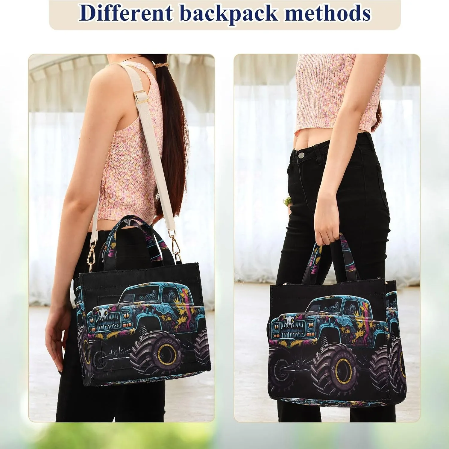 Corduroy Tote Bag Blue Monster Truck Black for Women Large Shoulder Bag with Pockets for Beach Work Travel Shopping S