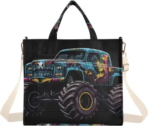 Corduroy Tote Bag Blue Monster Truck Black for Women Large Shoulder Bag with Pockets for Beach Work Travel Shopping S
