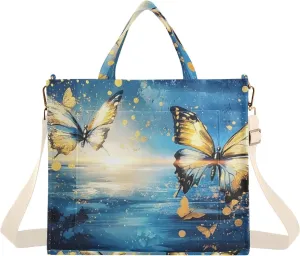 Corduroy Tote Bag Butterfly Sunrise Gold for Women Large Shoulder Bag with Pockets for Beach Work Travel Shopping S