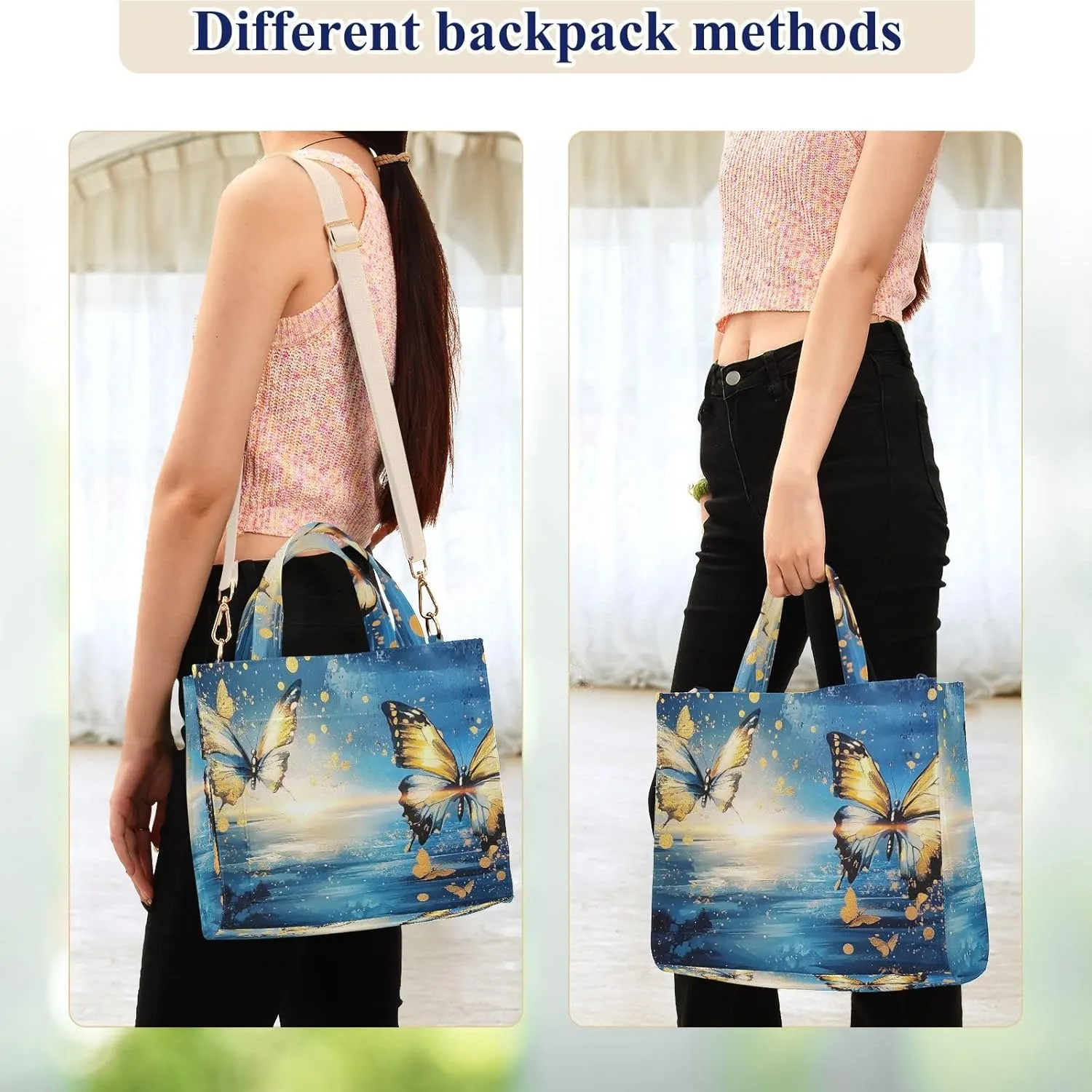 Corduroy Tote Bag Butterfly Sunrise Gold for Women Large Shoulder Bag with Pockets for Beach Work Travel Shopping S