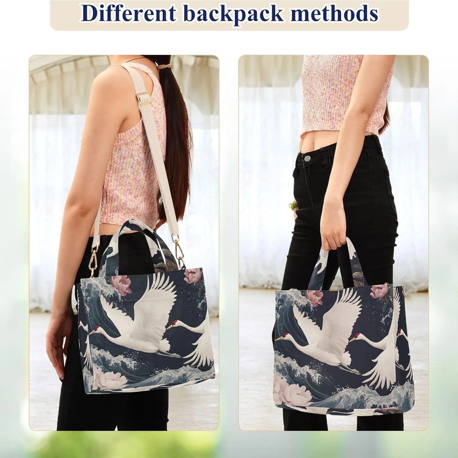 Corduroy Tote Bag Crane Waves Penoy for Women Large Shoulder Bag with Pockets for Beach Work Travel Shopping S