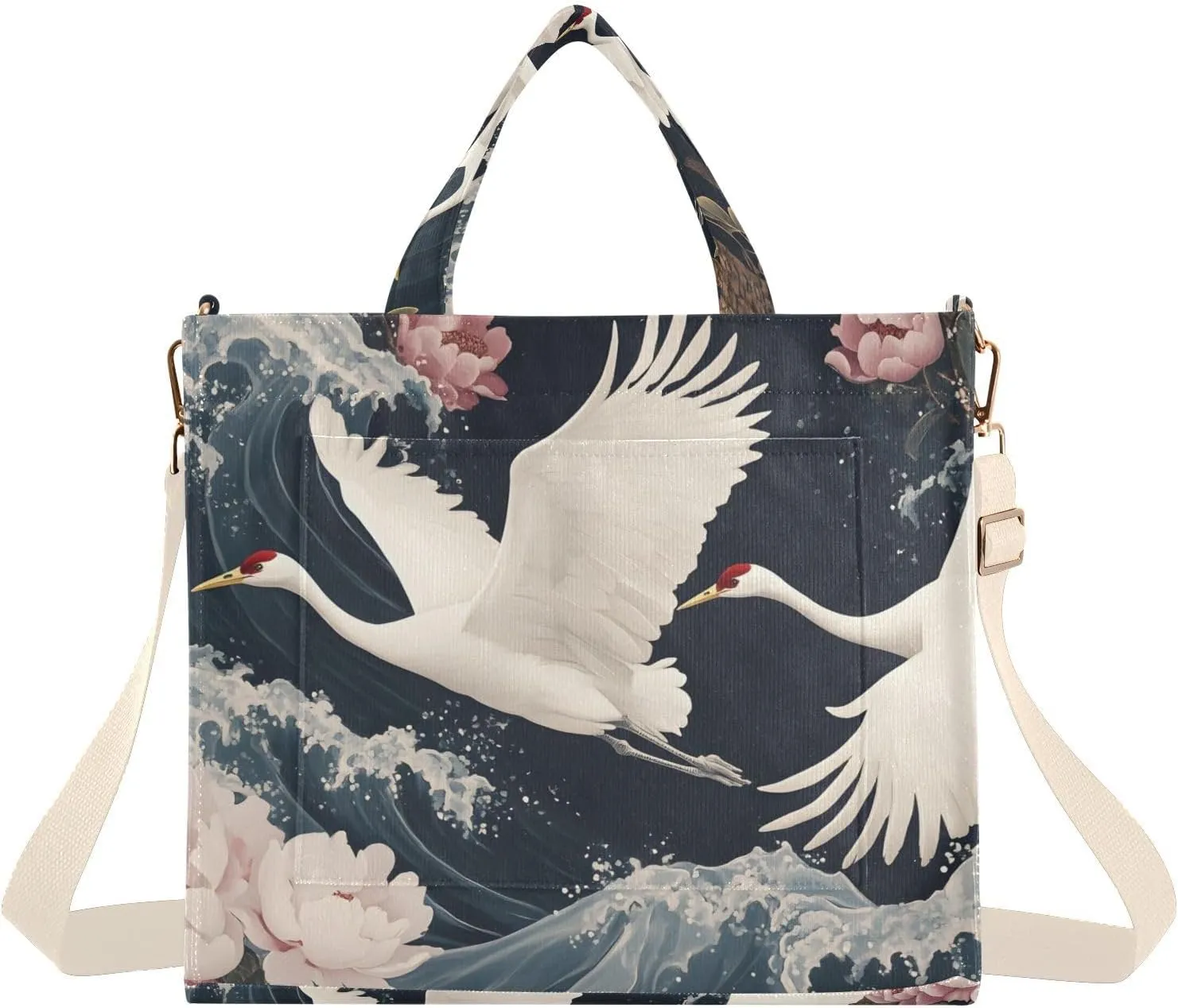Corduroy Tote Bag Crane Waves Penoy for Women Large Shoulder Bag with Pockets for Beach Work Travel Shopping S
