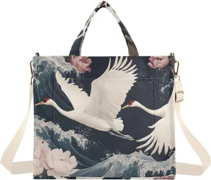 Corduroy Tote Bag Crane Waves Penoy for Women Large Shoulder Bag with Pockets for Beach Work Travel Shopping S
