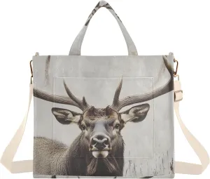 Corduroy Tote Bag Elk Portrait Vintage for Women Large Shoulder Bag with Pockets for Beach Work Travel Shopping S