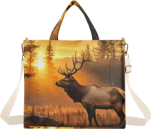 Corduroy Tote Bag Elk Sunrise Forest for Women Large Shoulder Bag with Pockets for Beach Work Travel Shopping S