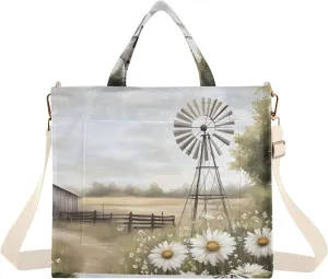 Corduroy Tote Bag Farm Daisy Barn Retro for Women Large Shoulder Bag with Pockets for Beach Work Travel Shopping S