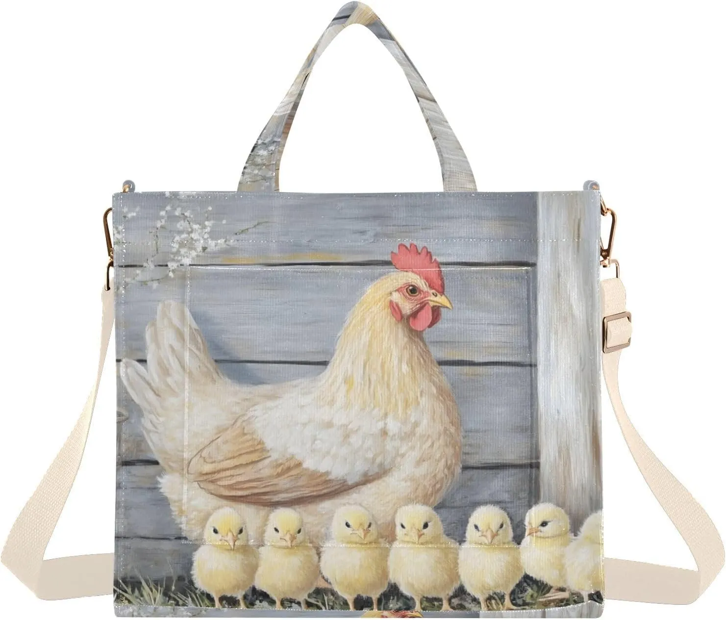 Corduroy Tote Bag Hen Chick Barn Retro for Women Large Shoulder Bag with Pockets for Beach Work Travel Shopping S