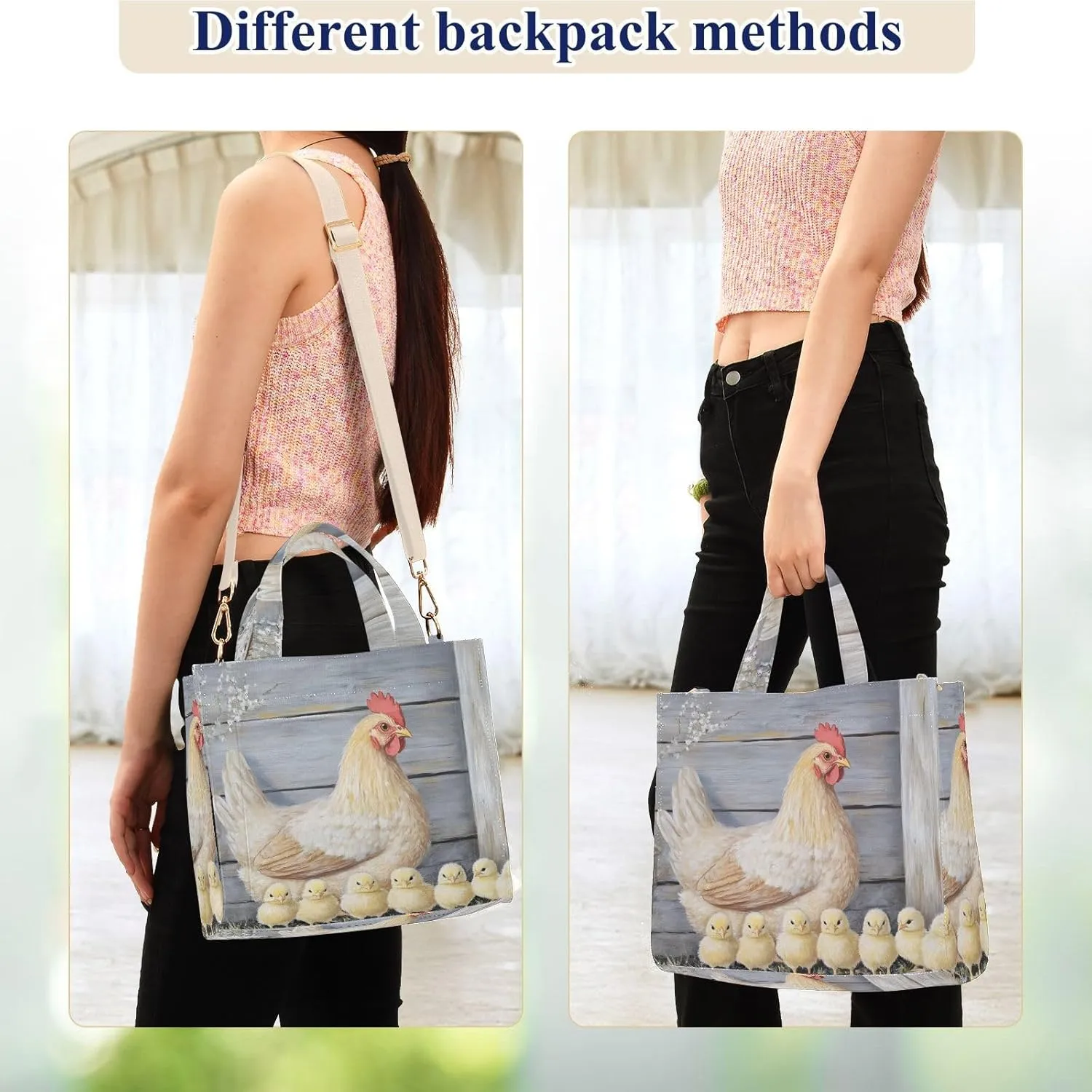 Corduroy Tote Bag Hen Chick Barn Retro for Women Large Shoulder Bag with Pockets for Beach Work Travel Shopping S