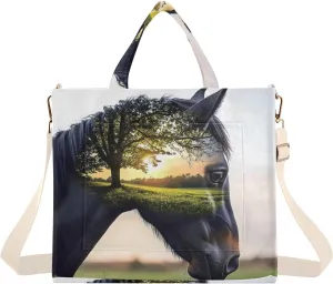 Corduroy Tote Bag Horse Forest Sunrise for Women Large Shoulder Bag with Pockets for Beach Work Travel Shopping S