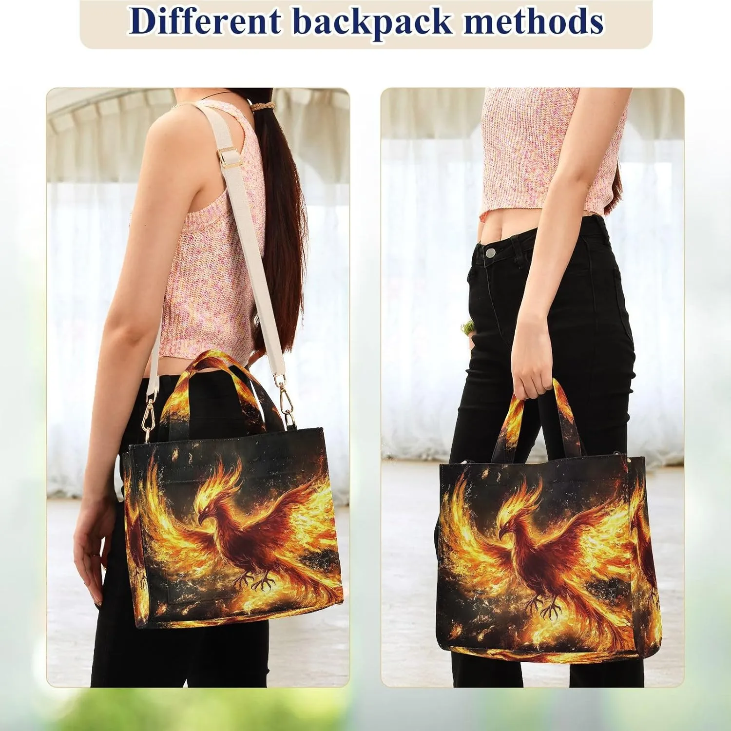 Corduroy Tote Bag Phoenix Fire Black for Women Large Shoulder Bag with Pockets for Beach Work Travel Shopping S