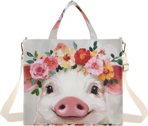 Corduroy Tote Bag Pig Cute Garland for Women Large Shoulder Bag with Pockets for Beach Work Travel Shopping S