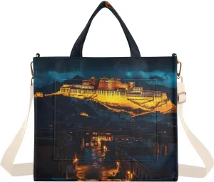 Corduroy Tote Bag Potala Palace Night for Women Large Shoulder Bag with Pockets for Beach Work Travel Shopping S
