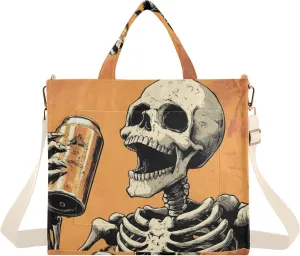 Corduroy Tote Bag Skeleton Funny Soda for Women Large Shoulder Bag with Pockets for Beach Work Travel Shopping S