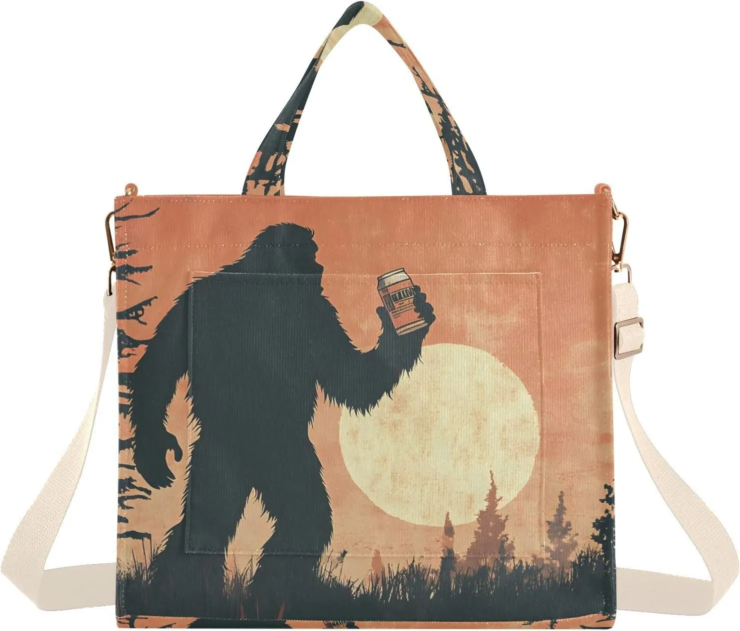 Corduroy Tote Bag Soda Sasquatch Sunset for Women Large Shoulder Bag with Pockets for Beach Work Travel Shopping S