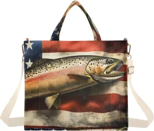 Corduroy Tote Bag Trout America for Women Large Shoulder Bag with Pockets for Beach Work Travel Shopping S
