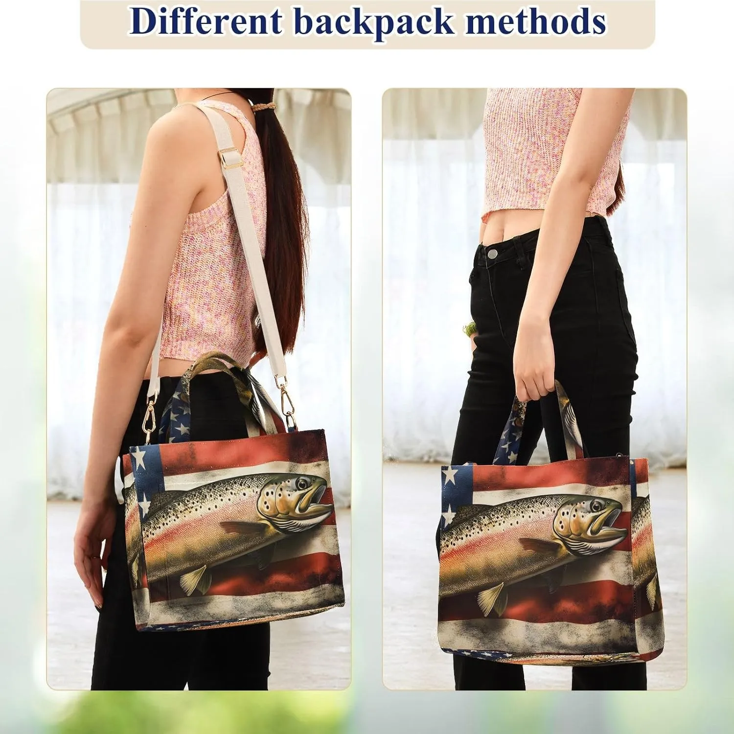 Corduroy Tote Bag Trout America for Women Large Shoulder Bag with Pockets for Beach Work Travel Shopping S