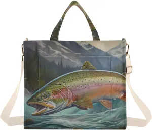 Corduroy Tote Bag Trout Big River for Women Large Shoulder Bag with Pockets for Beach Work Travel Shopping S