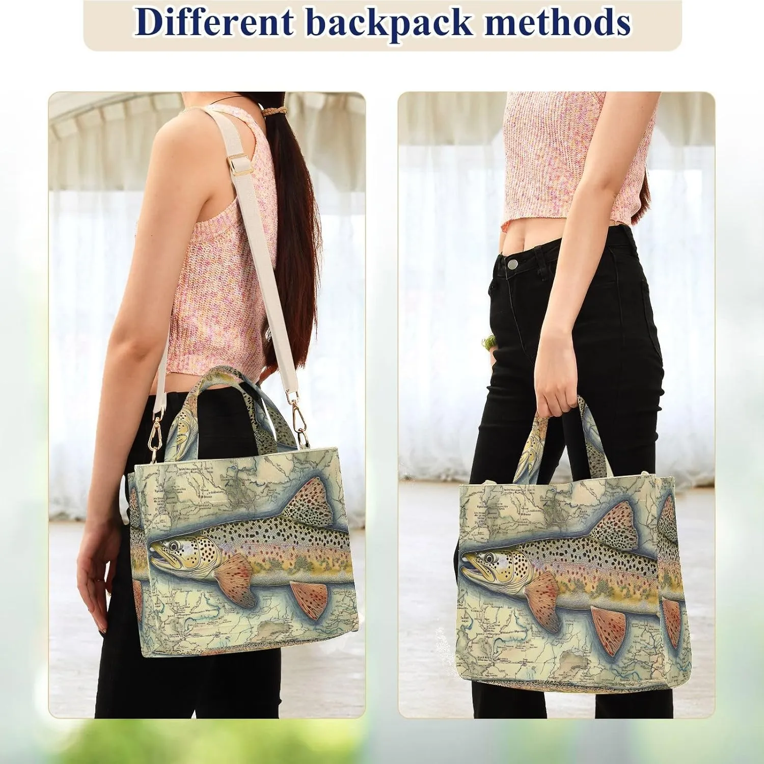Corduroy Tote Bag Trout Fish Retro for Women Large Shoulder Bag with Pockets for Beach Work Travel Shopping S