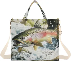 Corduroy Tote Bag Trout Fish River for Women Large Shoulder Bag with Pockets for Beach Work Travel Shopping S
