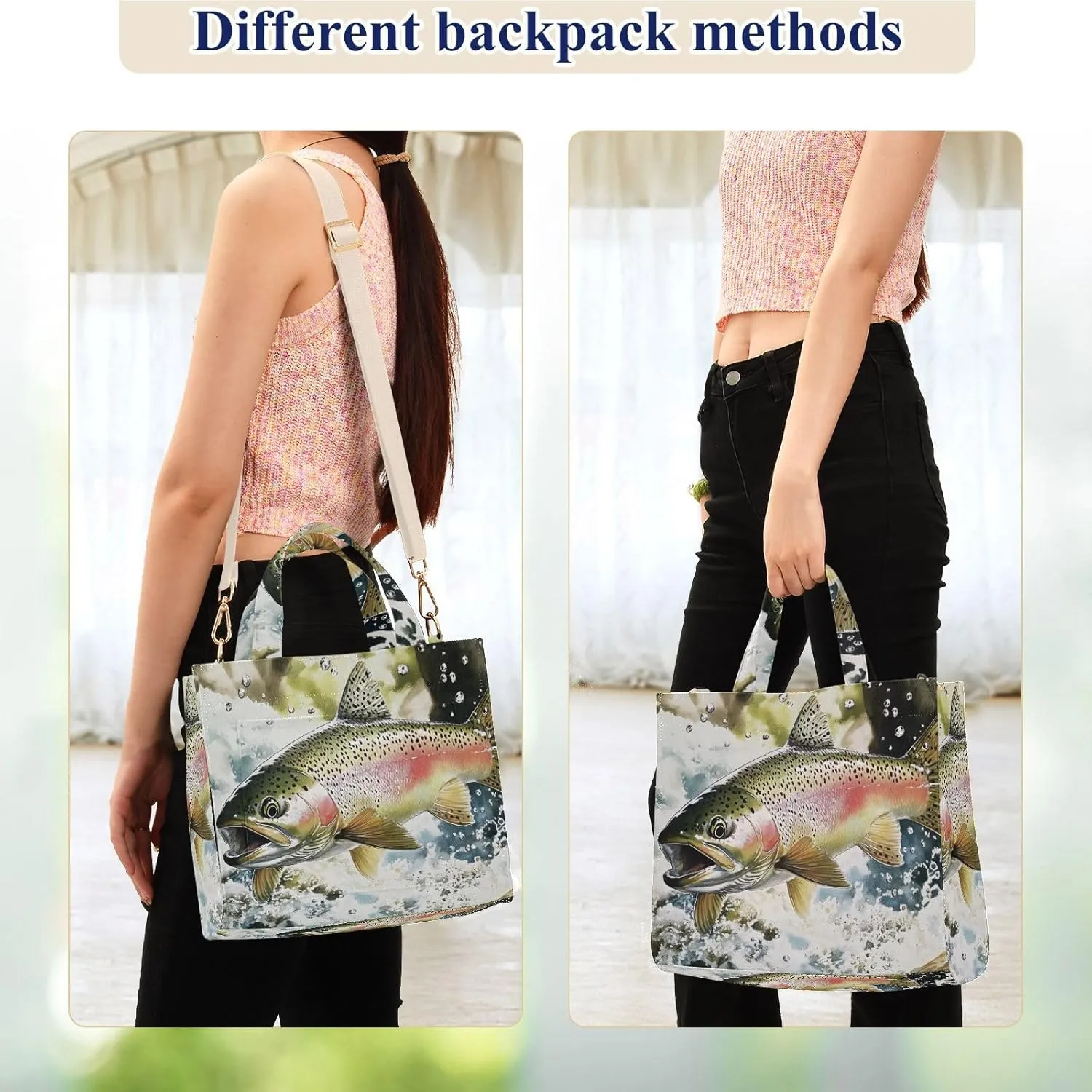 Corduroy Tote Bag Trout Fish River for Women Large Shoulder Bag with Pockets for Beach Work Travel Shopping S