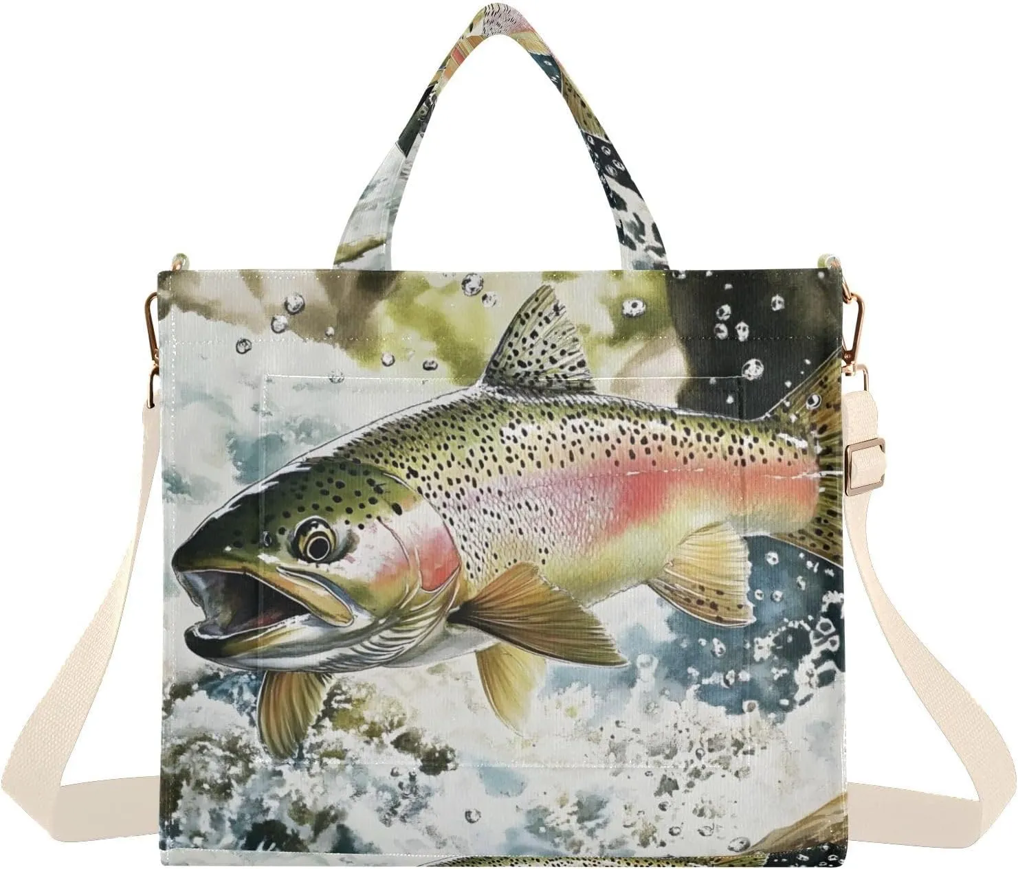 Corduroy Tote Bag Trout Fish River for Women Large Shoulder Bag with Pockets for Beach Work Travel Shopping S