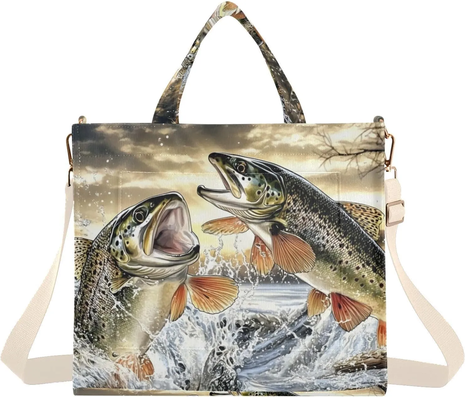 Corduroy Tote Bag Trout Jump Sunset for Women Large Shoulder Bag with Pockets for Beach Work Travel Shopping S