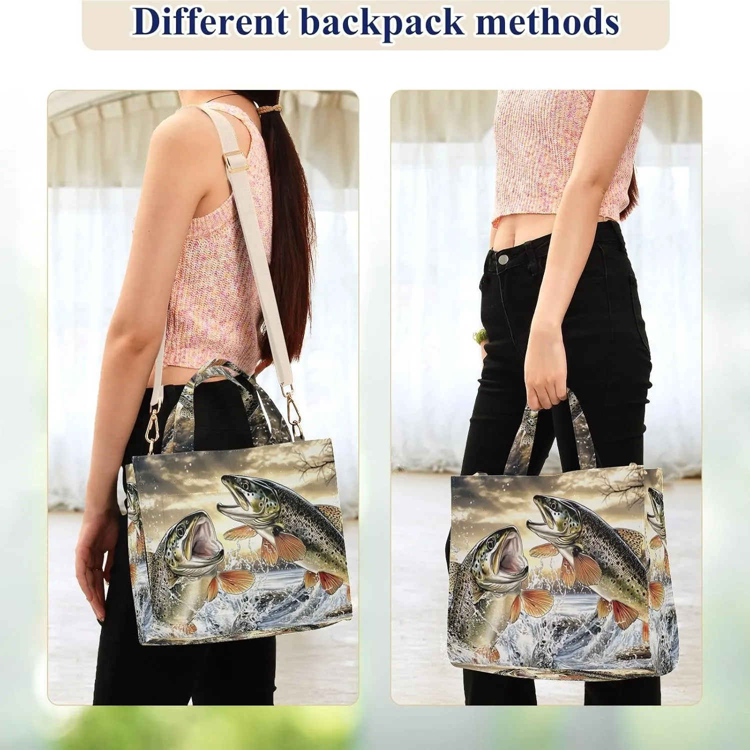Corduroy Tote Bag Trout Jump Sunset for Women Large Shoulder Bag with Pockets for Beach Work Travel Shopping S